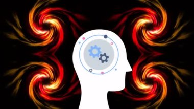 İnsan kafasında daireler çizen mekanik dişlilerin dinamik spiral desenler üzerindeki animasyonu. Dijital olarak üretilmiş, hologram, illüstrasyon, yapay zeka, mekanizma, gelecek ve teknoloji.