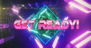 Neon desenli arkaplan üzerinden hazır metin animasyonu. Küresel video oyunu, dijital arayüz, iletişim, bilgisayar ve veri işleme kavramı dijital olarak oluşturuldu.