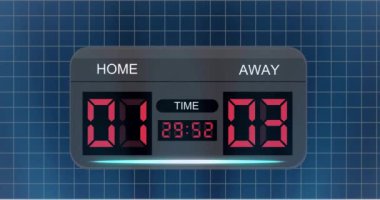 Ev animasyonu, alarm saatindeki numaraları ızgara şablonu üzerinden değiştiren uzak metin. Dijital olarak üretilmiş, hologram, illüstrasyon, üç boyutlu, zaman ve teknoloji konsepti.