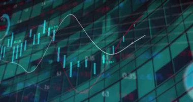 Modern bina üzerindeki veri işleme ve diyagramın animasyonu. Küresel iş ve dijital arayüz kavramı, dijital olarak oluşturulmuş video.