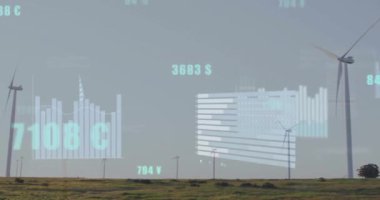 Sahadaki rüzgar türbinlerinin üzerindeki veri işleme ve diyagramlarının animasyonu. Küresel iş ve ekoloji kavramı, dijital olarak üretilen video.