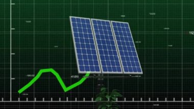 Yeşil grafik üzerinde güneş panellerinin animasyonu ve siyah arkaplan üzerinde veri işleme. Güneş enerjisi, yenilenebilir kaynaklar, enerji, veri ve dijital arayüz teknolojisi, dijital olarak üretilen video.