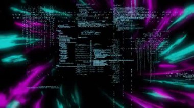 Işık yollarının üzerinde veri işleme animasyonu. Küresel finans, iş, bağlantılar, hesaplama ve veri işleme kavramı dijital olarak oluşturulmuş video.