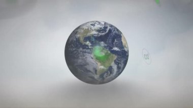 Beyaz zemin üzerinde uçaklar olan simgelerin animasyonu. Küresel ekoloji, çevre, enerji ve dijital arayüz kavramı dijital olarak oluşturulmuş video.