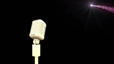 Fotokopi uzayı olan retro mikrofonun koyu arkaplanda parlayan mor ışık noktalarının animasyonu. Klasik müzik, eğlence ve renk konsepti dijital olarak oluşturulmuş video.