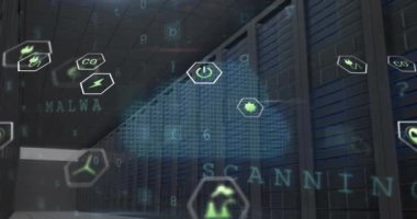 Bilgisayar sunucularında ekolojik simgelerin ve veri işlemlerinin animasyonu. Küresel iş, bağlantılar, hesaplama ve veri işleme kavramı dijital olarak oluşturulmuş video.