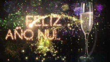Şampanya kadehi ve Felix ano nuevo mesaj pankartı havai fişeklere karşı. Yeni yıl partisi ve kutlama konsepti