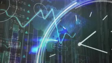Modern bina üzerinde çizgi grafiği, sayılar, saat ve harita animasyonu. Dijital bileşik, çoklu pozlama, zaman, aciliyet, iş, rapor, ilerleme, mimari, şehir konsepti.