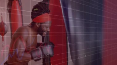 Değişen numaralarla birden fazla grafik animasyonu, Afro-Amerikan boksör yumruk pratiği. Dijital bileşik, çoklu pozlama, rapor, iş, büyüme, spor ve rekabet kavramı.