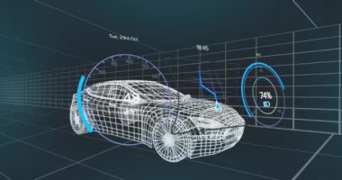 Siyah arkaplana karşı 3 boyutlu araba modelinde numara ve simgelerin değiştirilmesi. Dijital olarak üretilmiş, hologram, illüstrasyon, üç boyutlu, ölçüm ve ulaşım kavramı.