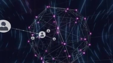 Mavi arkaplandaki dünya üzerindeki simgelerle bağlantı ağının animasyonu. Küresel ağlar, bağlantılar, hesaplama ve veri işleme kavramı dijital olarak oluşturulmuş video.
