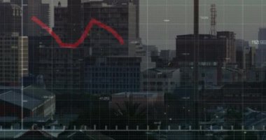 Şehir manzarası üzerindeki çizelgenin animasyonu. İş, veri işleme ve dijital arayüz kavramı dijital olarak oluşturulmuş video.