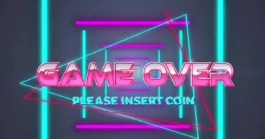 Neon desenli metinde oyunun animasyonu. Küresel video oyunu, dijital arayüz, iletişim, bilgisayar ve veri işleme kavramı dijital olarak oluşturuldu.