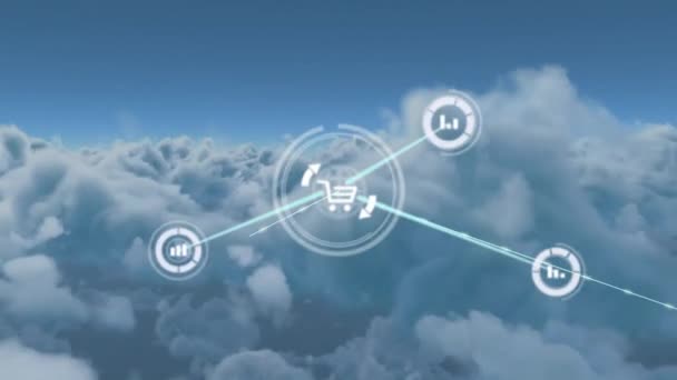 Animacja Sieci Połączeń Ikonami Nad Chmurami Koncepcja Globalnych Połączeń Obliczeń — Wideo stockowe