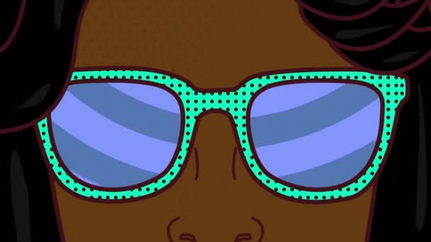 Анимация Женщины Очках Заднем Плане Синими Кругами Мода Цвета Формы — стоковое видео