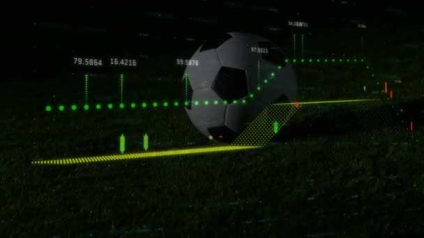 地面に落ちるサッカーボールの上に移動する数字を持つ複数のグラフのアニメーション デジタルコンポジット ビジネス レポート スポーツ サッカー コンペティションコンセプト — ストック動画