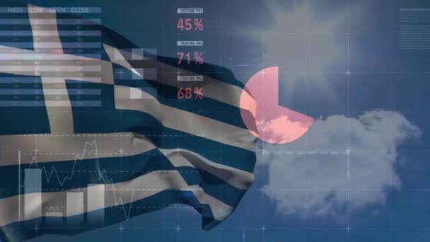 ギリシャの国旗をめぐる金融データ処理のアニメーション グローバルビジネス コンピューティング データ処理 接続コンセプトデジタル生成ビデオ — ストック動画