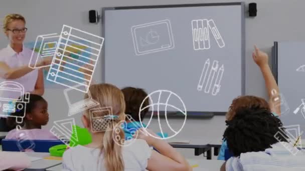 Animation Education School Icons Diverse School Children Classroom Global Education — Stock Video