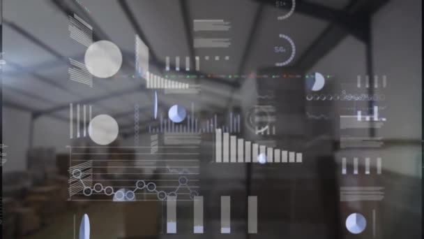 Animace Grafů Obchodní Tabule Nakládací Kruhy Nad Skladištěm Digitální Kompozitní — Stock video