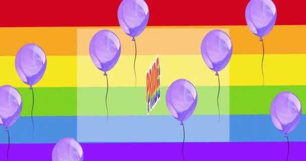 Animation Stolthet Text Och Ballonger Över Regnbåge Bakgrund Pride Och — Stockvideo