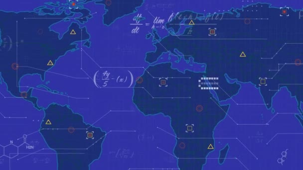 Animace Matematických Rovnic Obrazec Mapě Nad Modrým Pozadím Digitálně Generované — Stock video