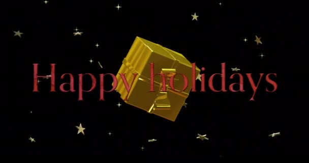 Анимация Текста Счастливых Праздников Подарочной Коробкой Звездами Вращающимися Черном Фоне — стоковое видео