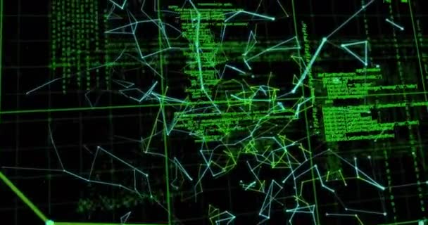 Animação Processamento Dados Sobre Redes Azuis Verdes Conexões Fundo Preto — Vídeo de Stock