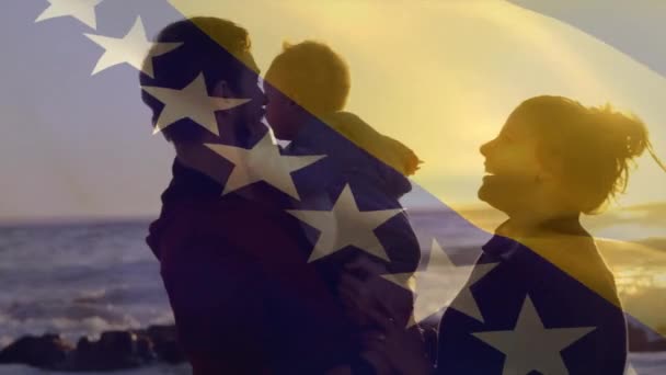 Анимация Боснийского Флага Над Счастливыми Кавказскими Родителями Ребенком Солнечном Пляже — стоковое видео