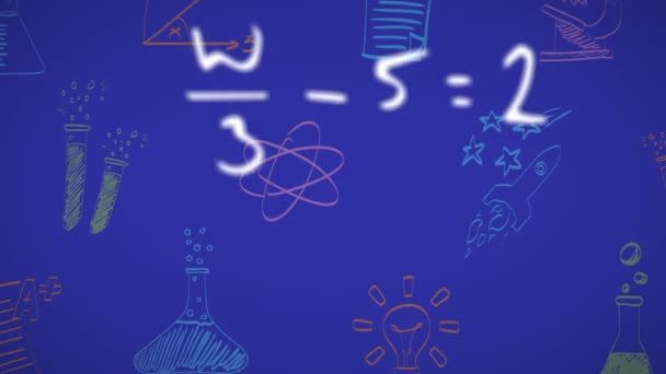 在蓝色背景上的数学方程 化学和物理绘图动画 数字生成的全息图 解决方案 教育和技术概念 — 图库视频影像