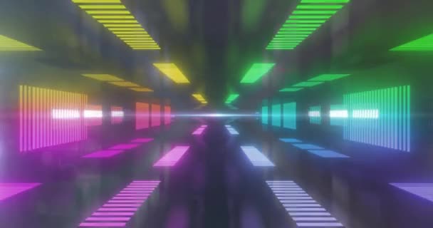 トンネルで黒い背景に移動する多色の線のアニメーション デジタル生成 ホログラム イラスト 照らされた 抽象的 雄大な 未来的および技術の概念 — ストック動画