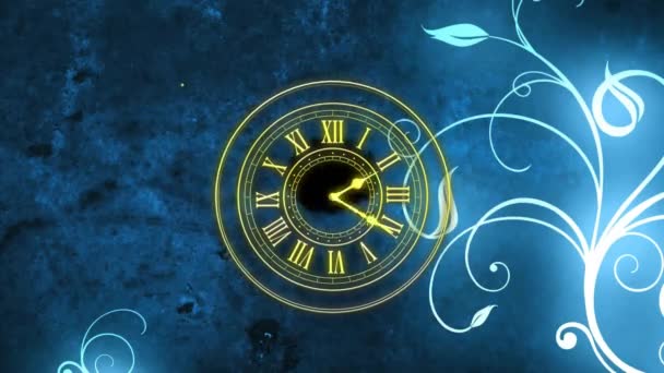 在花朵背景上显示午夜和亮点的时钟动画 新年前夕 庆祝及传统概念数码影片 — 图库视频影像