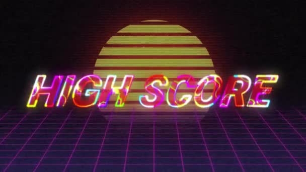 Animation High Score Text Grid Pattern Sun Black Background Digitally — Stock Video