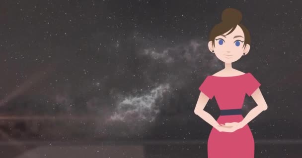 Animatie Van Illustratieve Pratende Vrouw Lens Flares Vliegen Tegen Bewolkte — Stockvideo