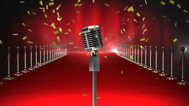 Animație Microfon Scenă Confetti Peste Covorul Roșu Fundal Negru Conceptul — Videoclip de stoc