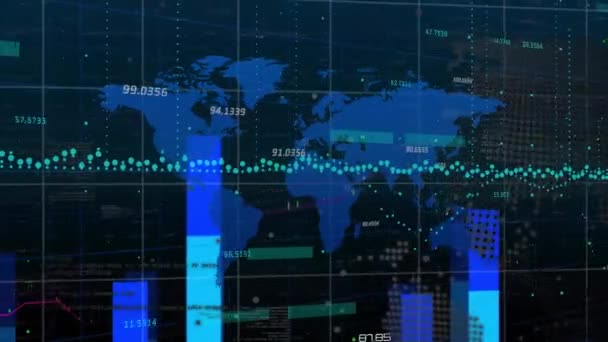 Animación Del Procesamiento Datos Financieros Través Del Mapa Mundial Negocios — Vídeos de Stock