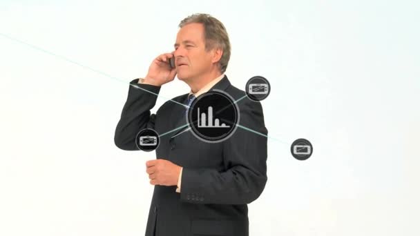 Animation Connected Icons Caucasian Man Talking Cellphone While Standing Background — Stock Video