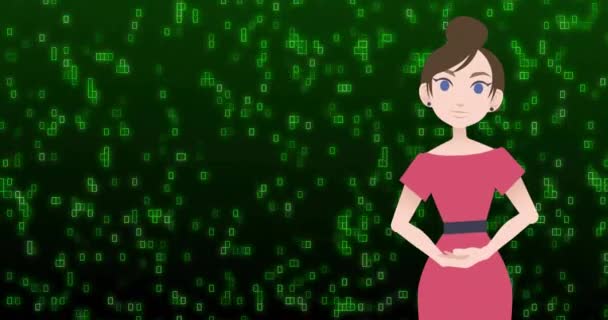 Animación Representación Femenina Ilustrativa Parlante Códigos Binarios Sobre Fondo Verde — Vídeos de Stock