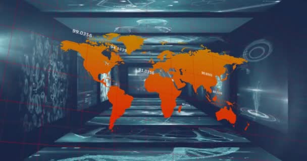 Animation Der Weltkarte Mit Datenverarbeitung Über Bildschirme Mit Dna Strang — Stockvideo