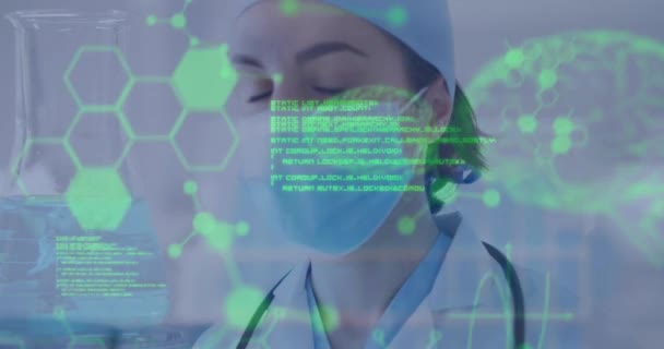 Animering Medicinsk Databehandling Mot Kaukasisk Kvinnlig Kirurg Kirurgisk Mask Sjukhus — Stockvideo