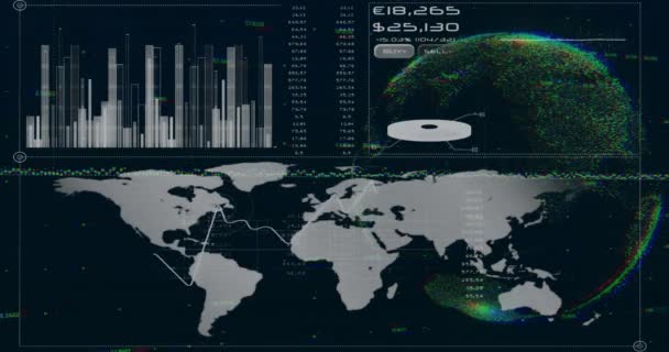 Diyagramlar Üzerinde Dünya Animasyonu Siyah Arkaplan Üzerinde Dünya Haritası Küresel — Stok video
