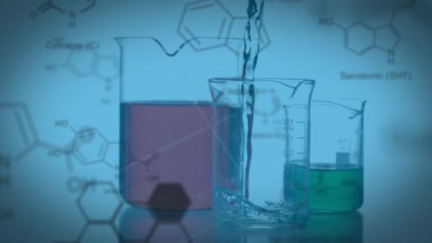 Animace Molekulových Struktur Přes Plněné Baňky Padající Chemikálie Laboratorních Baňkách — Stock video