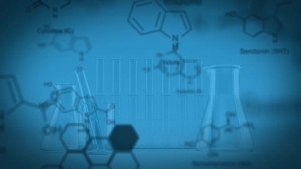 Animering Molekylstrukturer Över Tomma Laboratorieflaskor Och Provrör Mot Blå Bakgrund — Stockvideo