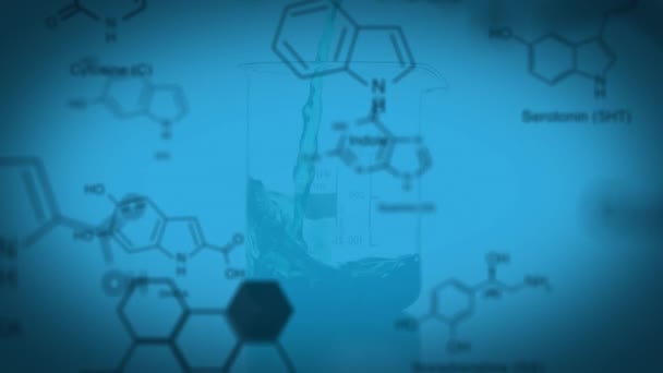 Laboratuvar Şişesinde Mavi Arka Plana Düşen Sıvının Üzerindeki Molekül Yapılarının — Stok video