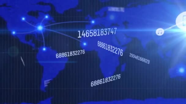 Animacja Sieci Połączeń Ikonami Przetwarzanie Danych Mapie Świata Globalna Sieć — Wideo stockowe