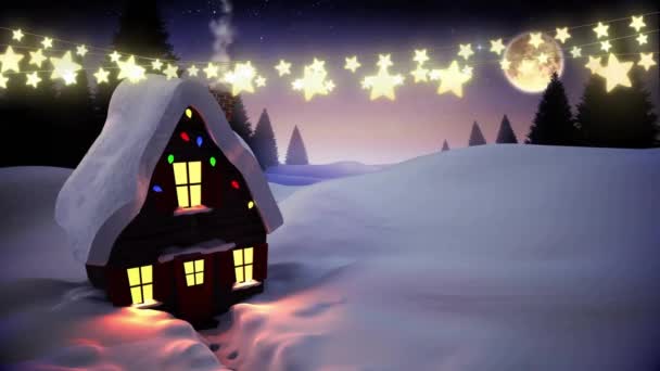 Анімація Зоряних Вогнів Дим Від Димоходу Будинку Снігу Покриває Землю — стокове відео