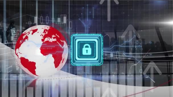 Animation Globe Digital Padlock Data Processing Global Online Cyber Security — Stock Video