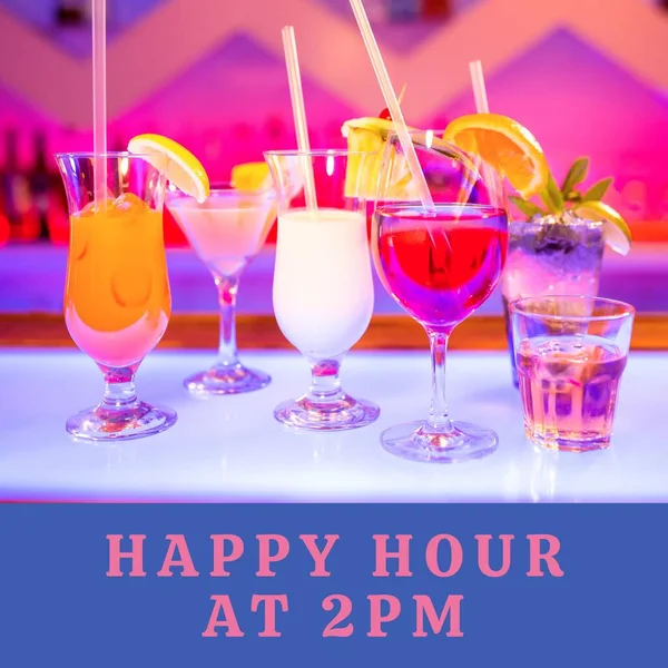 Composition of happy hour at 2pm text over colourful cocktails on countertop in bar. Party, celebration and happy hour concept digitally generated image.