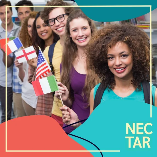 Composition of nectar text with shapes over diverse students holding flags. Education, learning and communication concept digitally generated image.