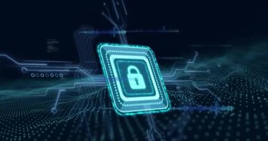 Veri işleme üzerine asma kilit simgesinin canlandırılması. Dijital olarak oluşturulmuş küresel siber güvenlik, bilgisayar ve veri işleme kavramı.