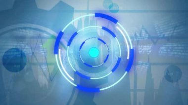Mavi arkaplan üzerinde tarama ve veri işleme animasyonu. Dijital olarak oluşturulmuş küresel bağlantılar, hesaplama ve veri işleme kavramı.